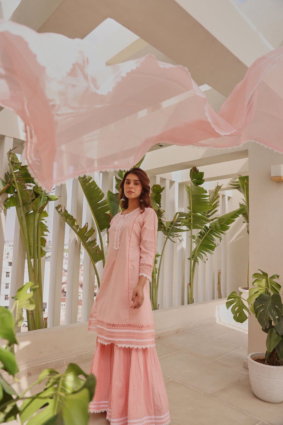 Pink Chunakhari Printed Cotton Lace Work Kurta Set with Organza Dupatta with Lace Work