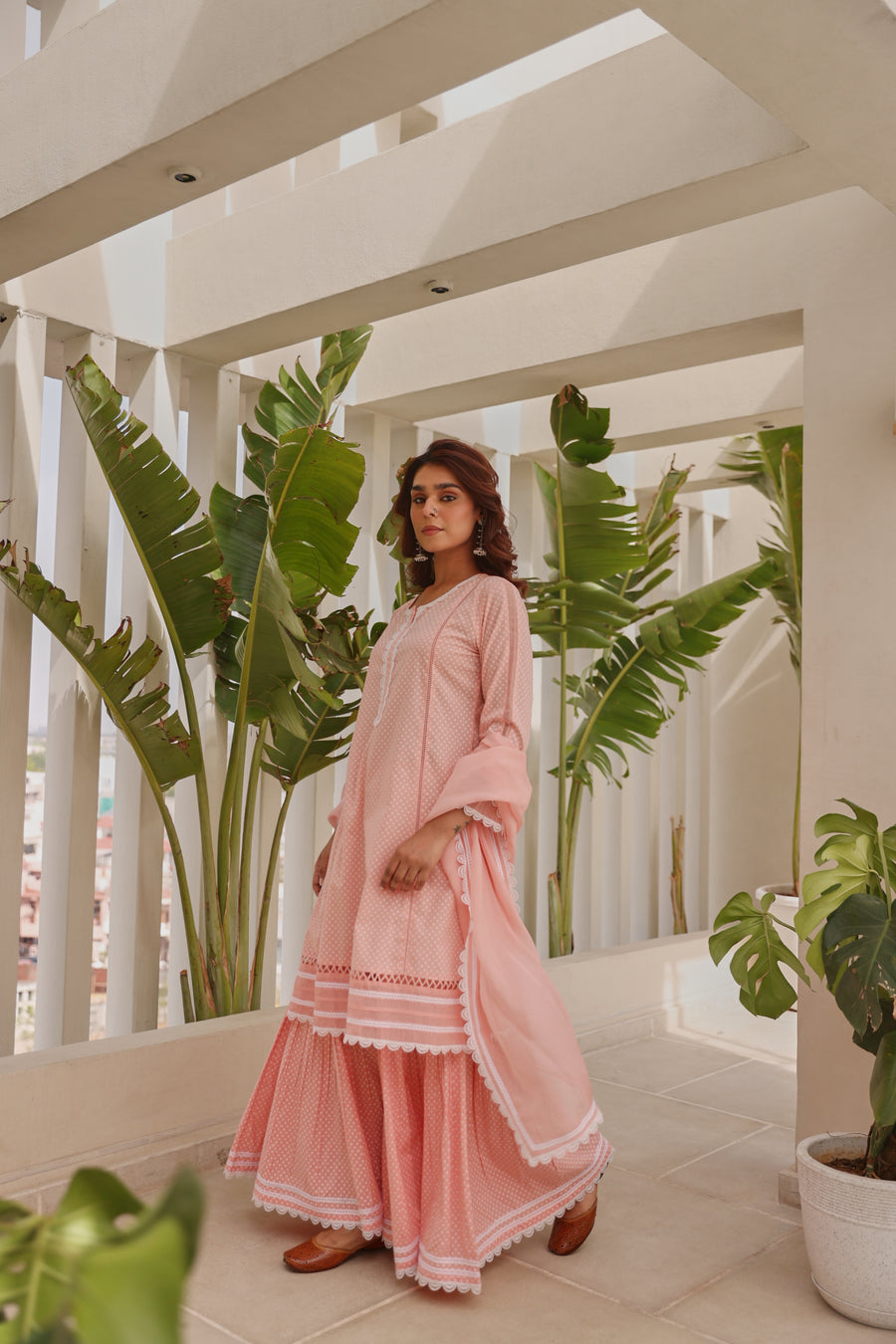 Pink Chunakhari Printed Cotton Lace Work Kurta Set with Organza Dupatta with Lace Work
