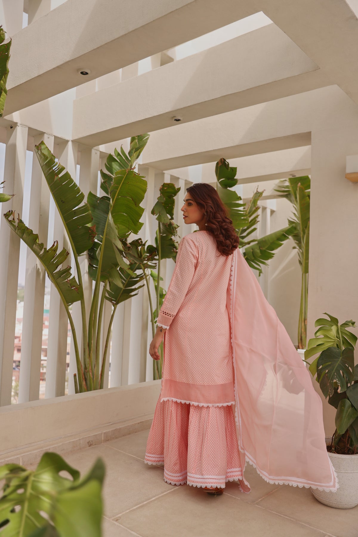 Pink Chunakhari Printed Cotton Lace Work Kurta Set with Organza Dupatta with Lace Work