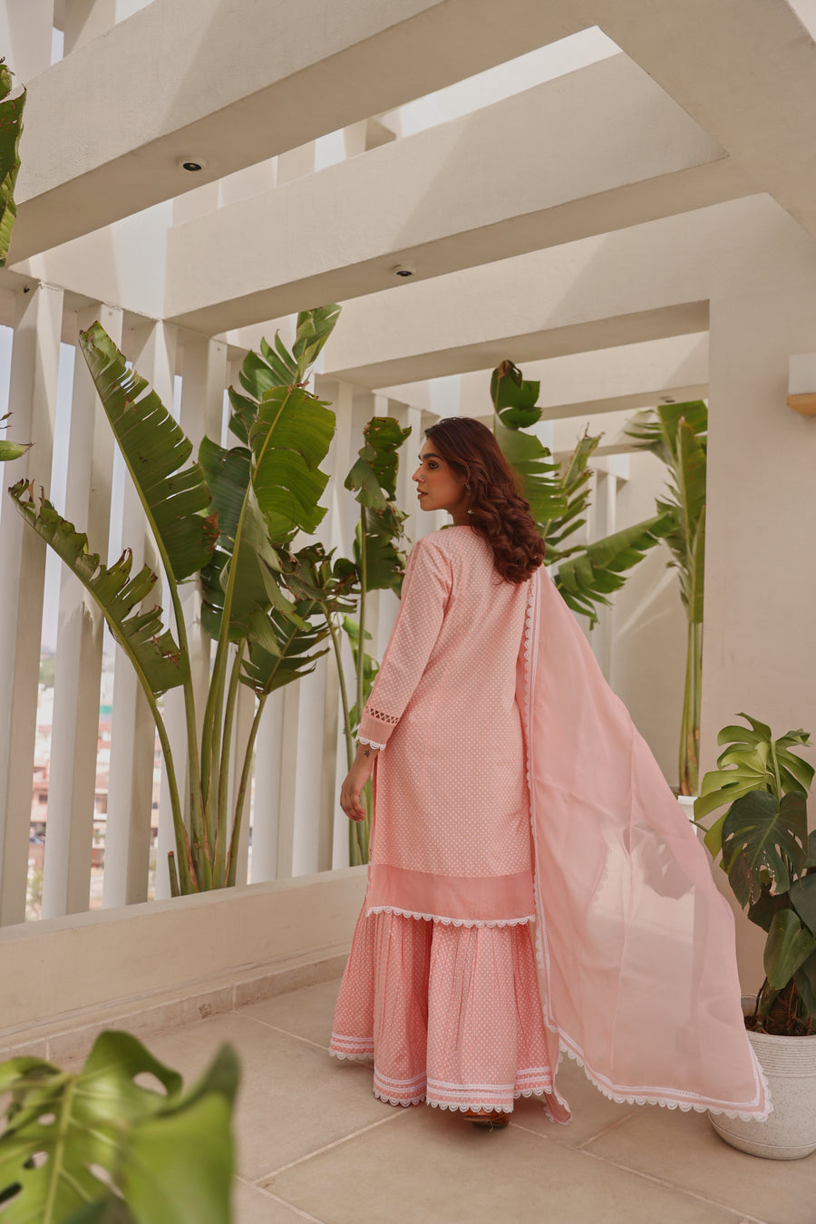 Pink Chunakhari Printed Cotton Lace Work Kurta Set with Organza Dupatta with Lace Work
