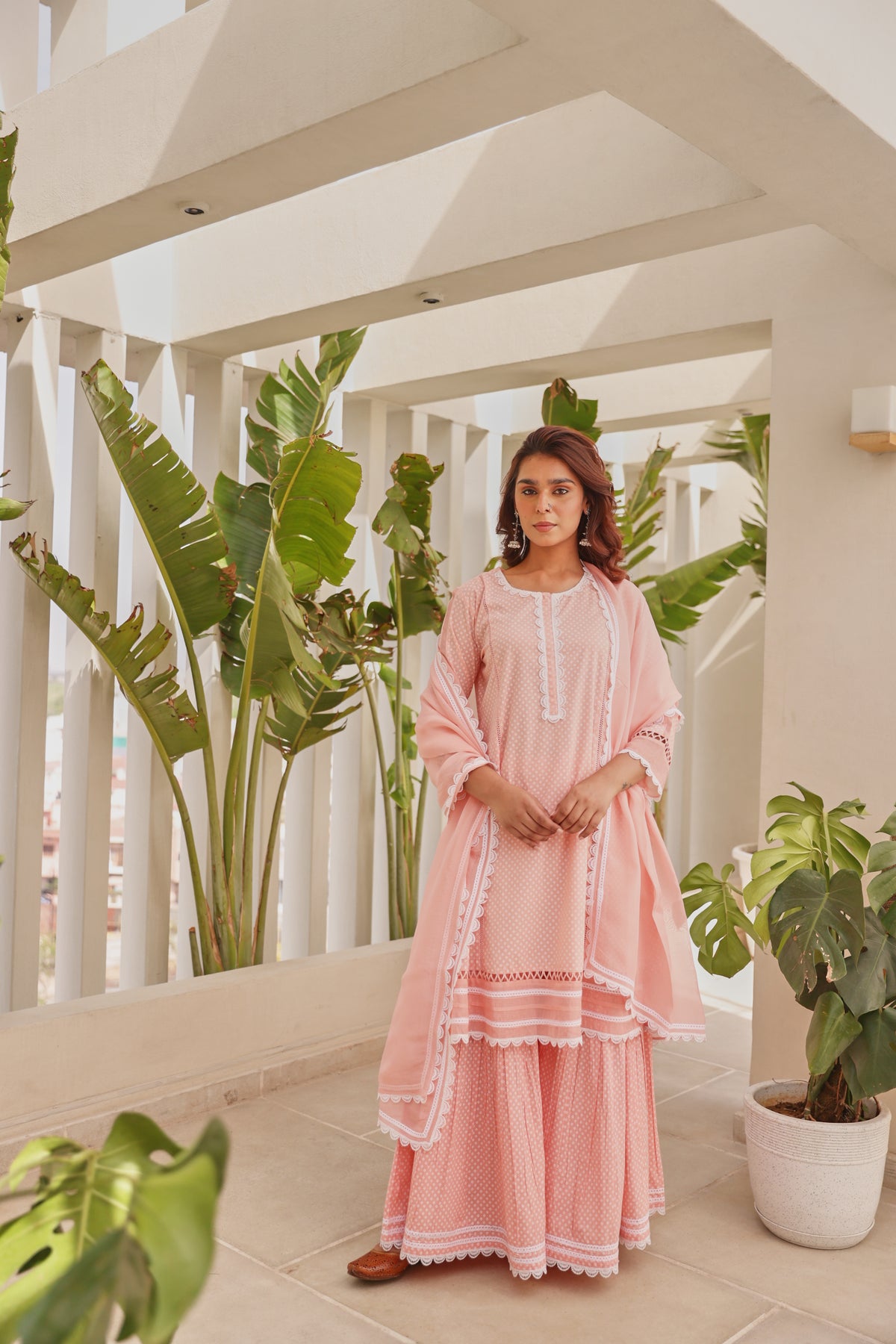 Pink Chunakhari Printed Cotton Lace Work Kurta Set with Organza Dupatta with Lace Work