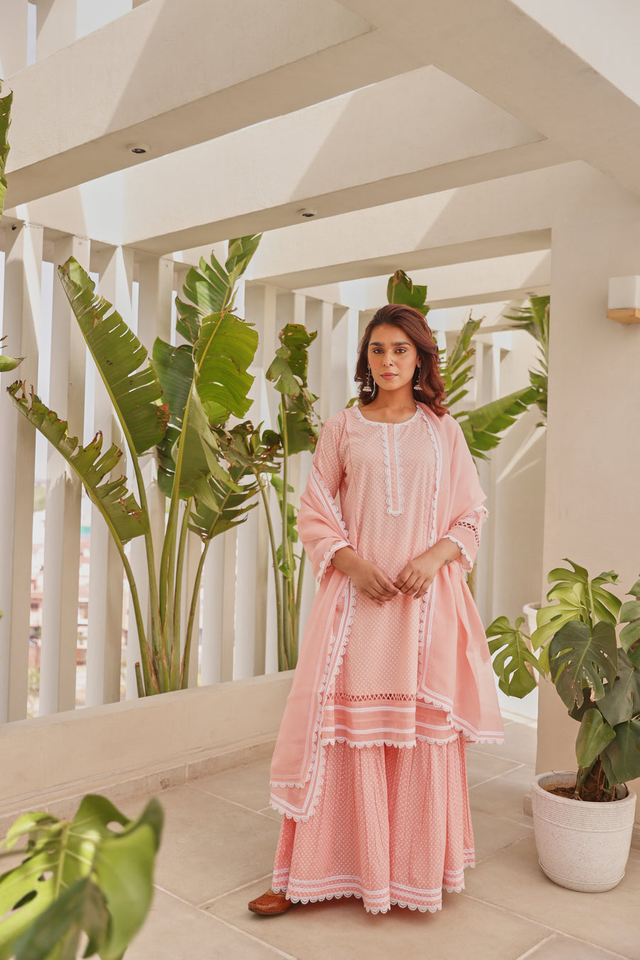 Pink Chunakhari Printed Cotton Lace Work Kurta Set with Organza Dupatta with Lace Work