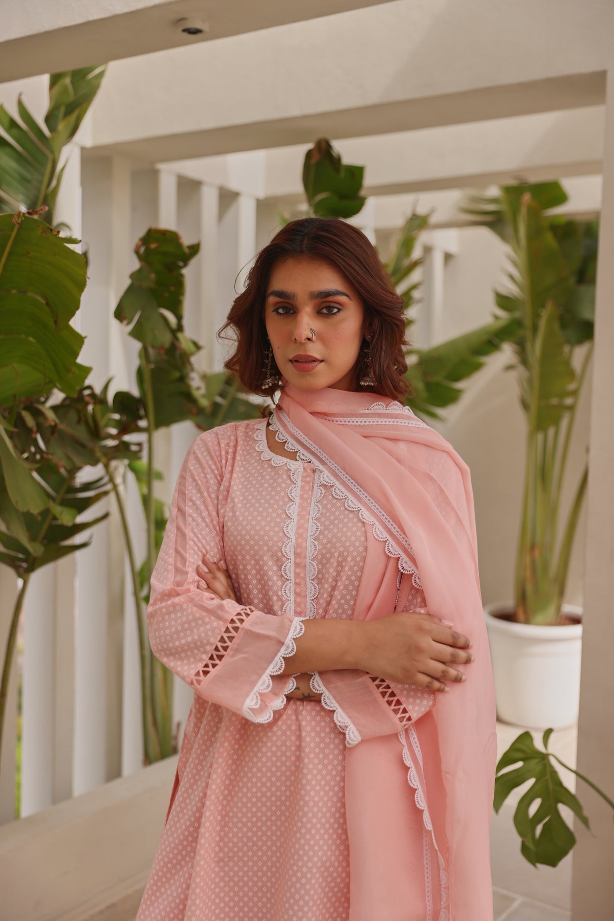 Pink Chunakhari Printed Cotton Lace Work Kurta Set with Organza Dupatta with Lace Work