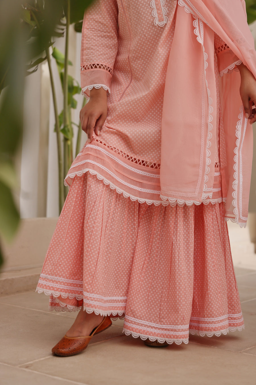 Pink Chunakhari Printed Cotton Lace Work Kurta Set with Organza Dupatta with Lace Work