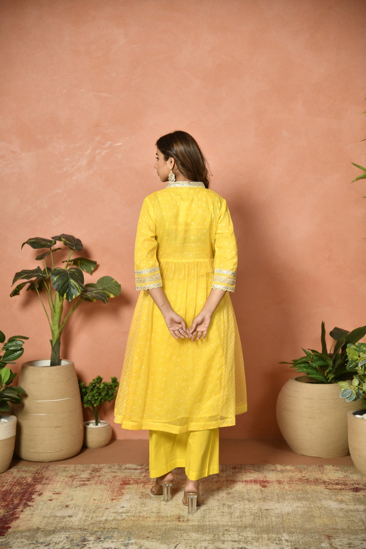 Yellow festive embroidered Kota Doria suit set - styled look - EKOHUM