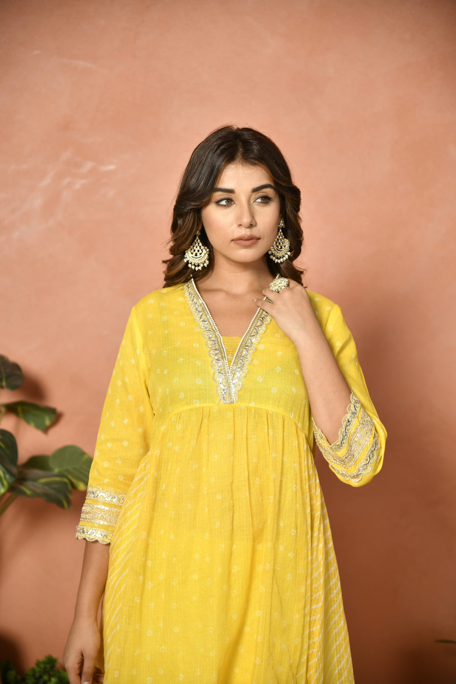 Yellow festive embroidered Kota Doria suit set - back view - EKOHUM