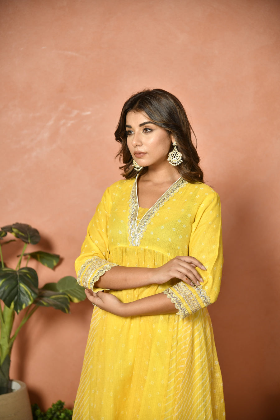 Yellow festive embroidered Kota Doria suit set - detail shot - EKOHUM