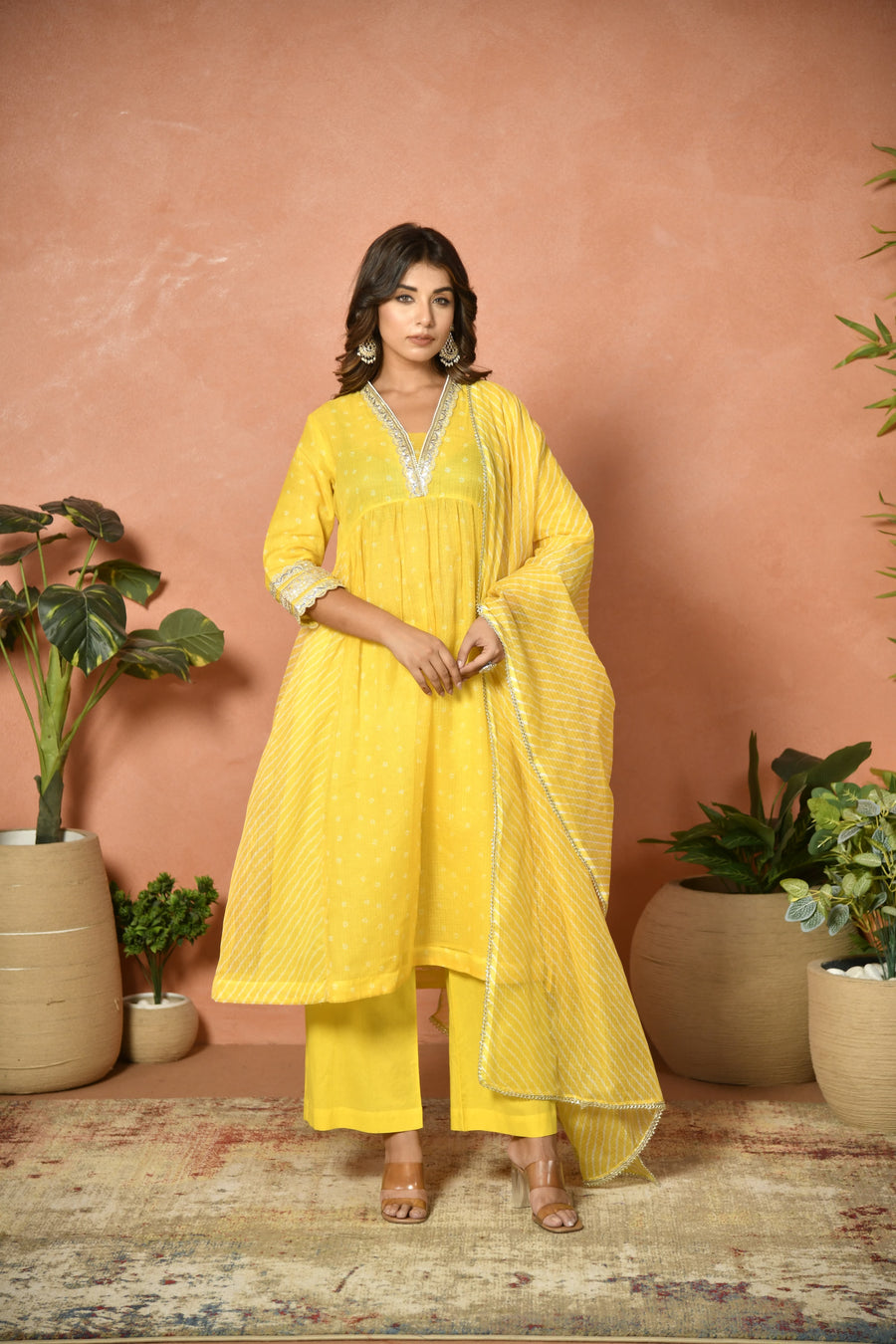 Yellow festive embroidered Kota Doria suit set - close-up detail - EKOHUM