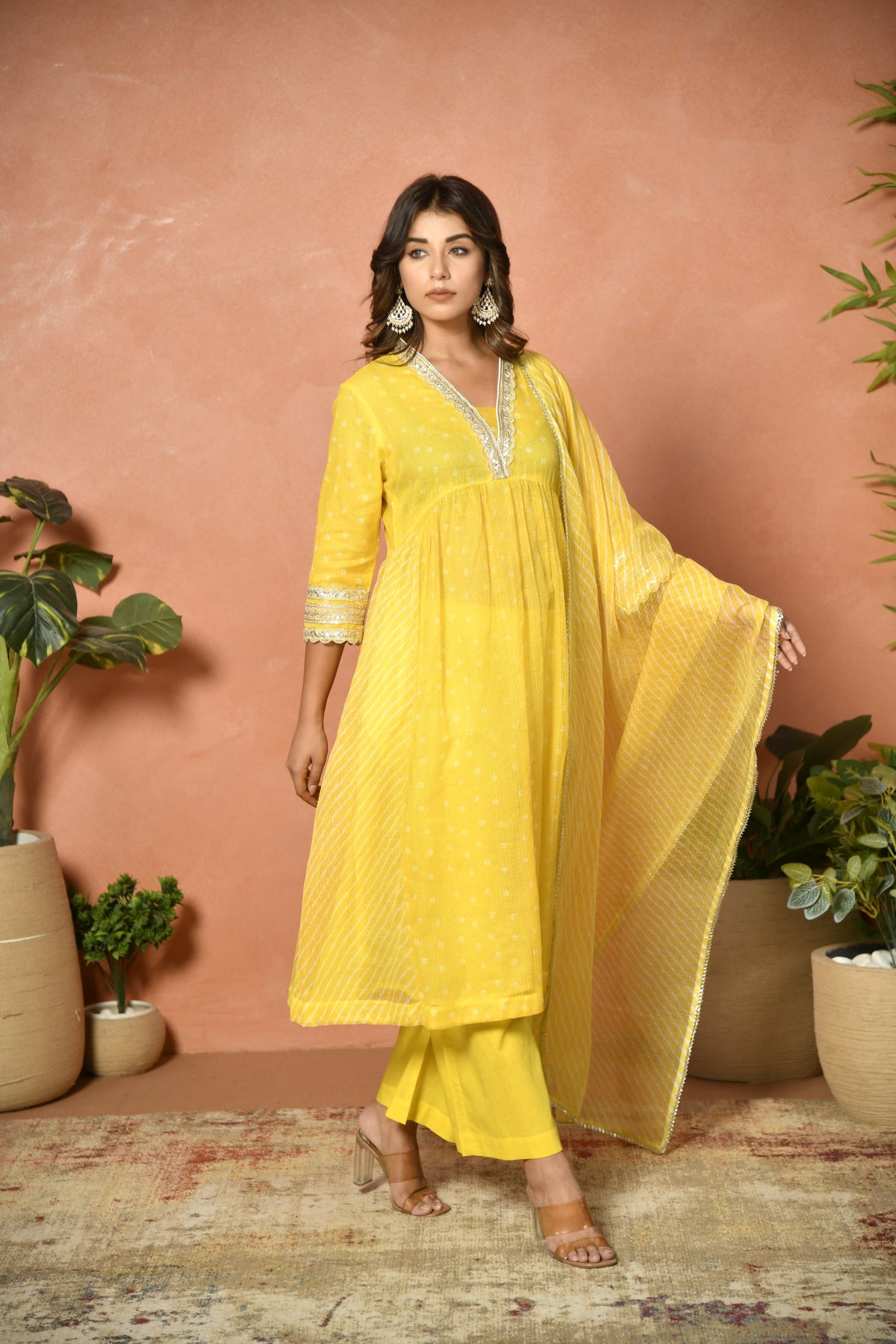 Yellow festive embroidered Kota Doria suit set - fabric detail - EKOHUM