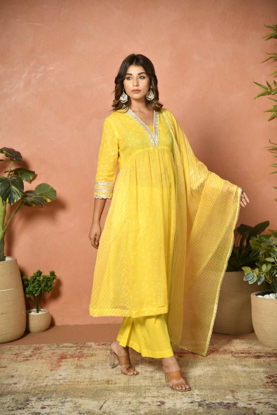Yellow festive embroidered Kota Doria suit set - fabric detail - EKOHUM
