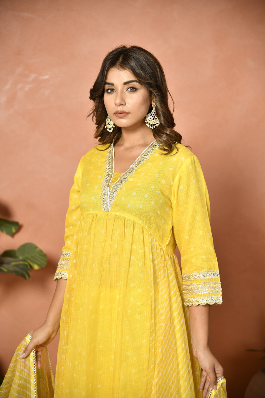 Yellow festive embroidered Kota Doria suit set - side view - EKOHUM