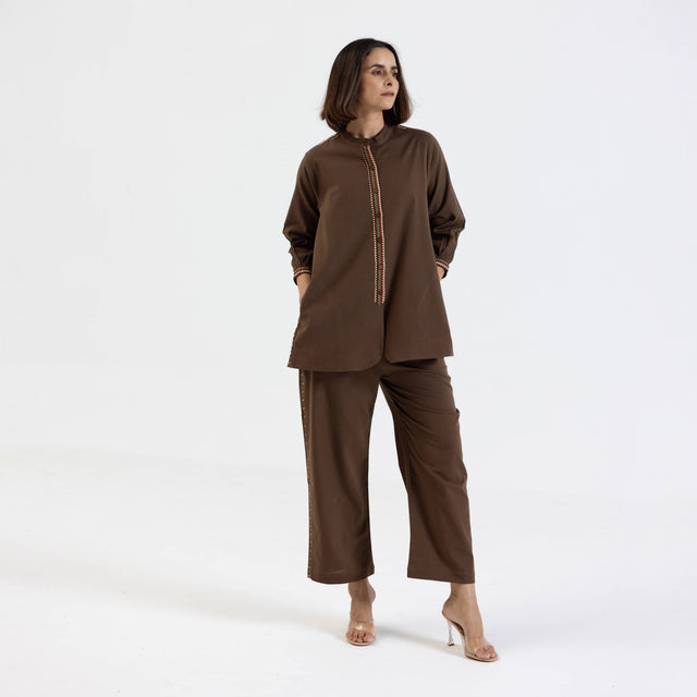 Brown Cotton Flex Co-Ord Set with Printed Trims