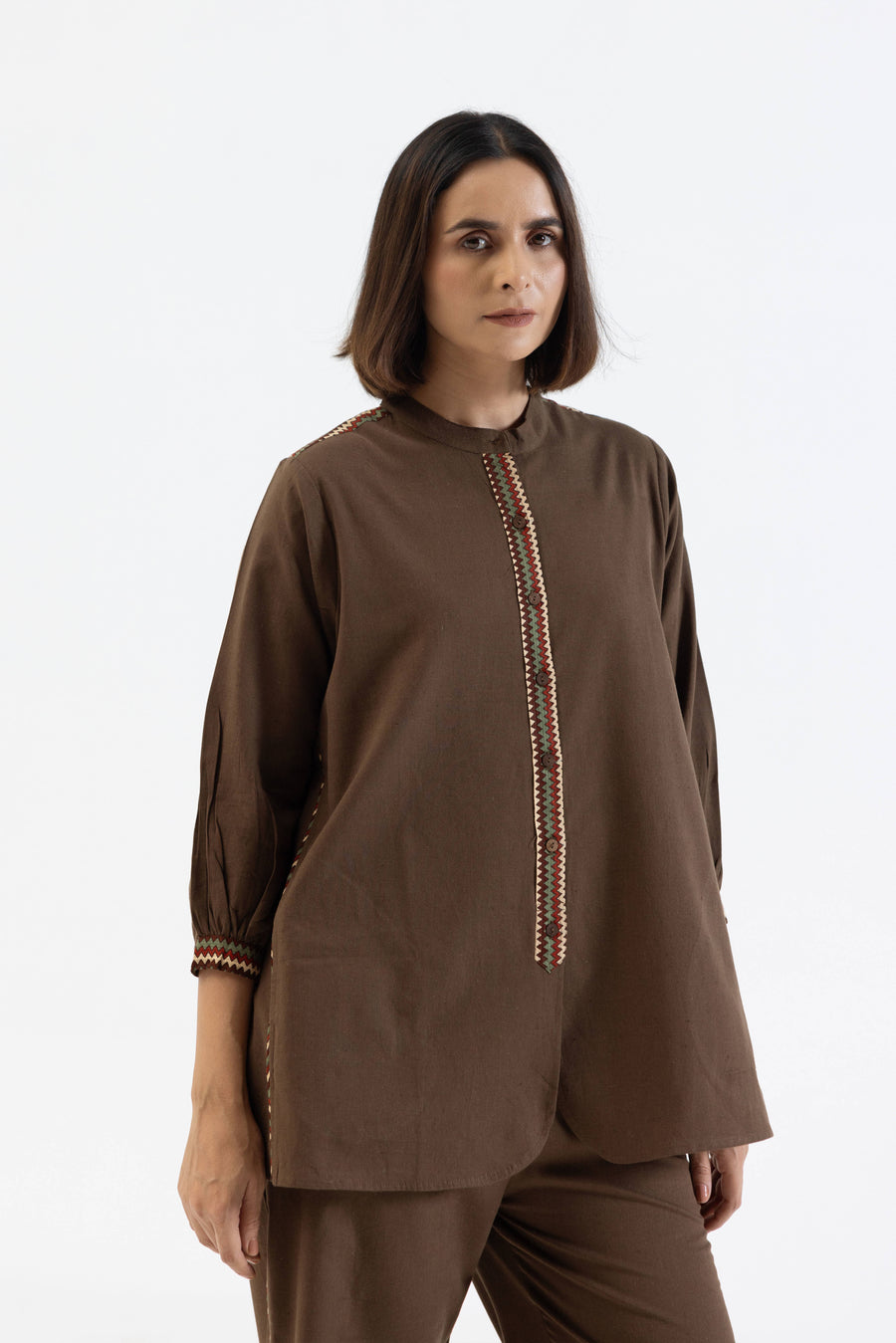 Brown Cotton Flex Co-Ord Set with Printed Trims