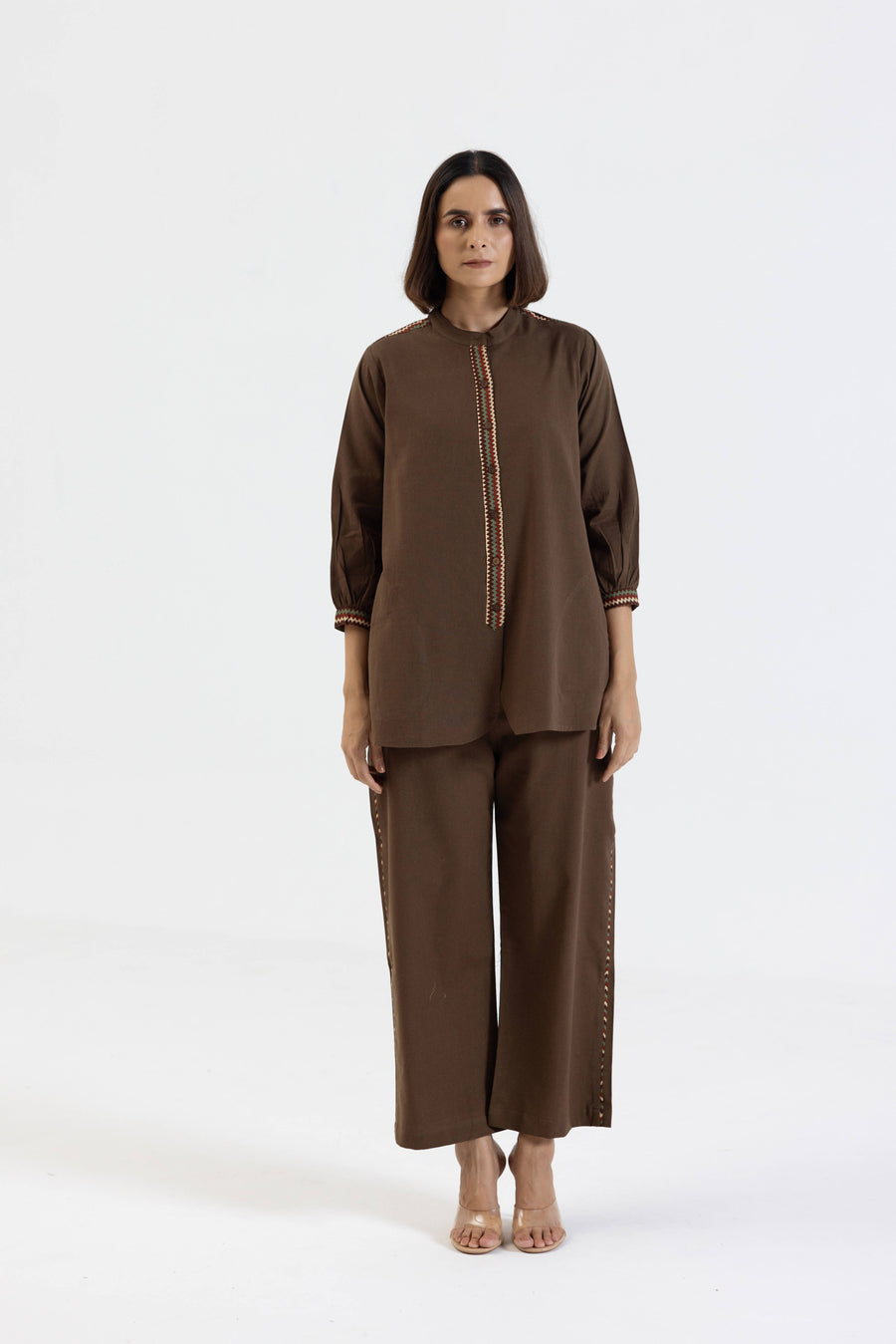 Brown Cotton Flex Co-Ord Set with Printed Trims