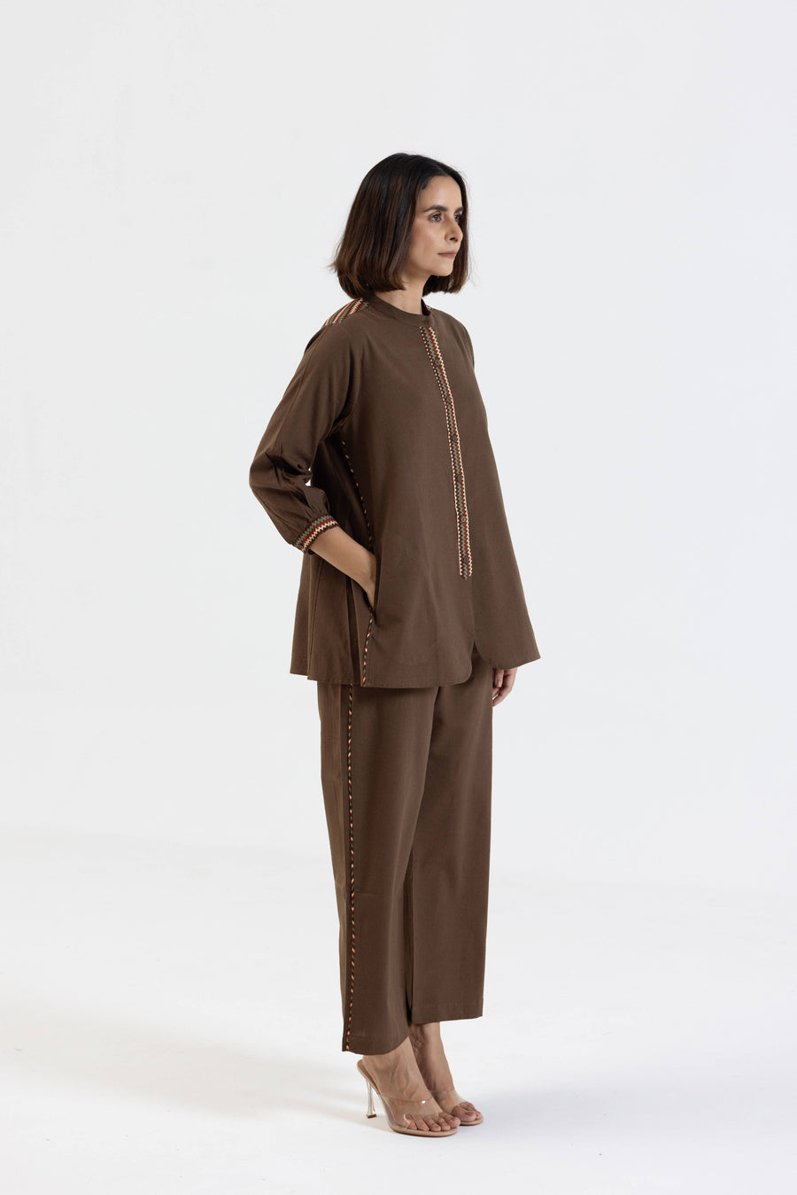 Brown Cotton Flex Co-Ord Set with Printed Trims