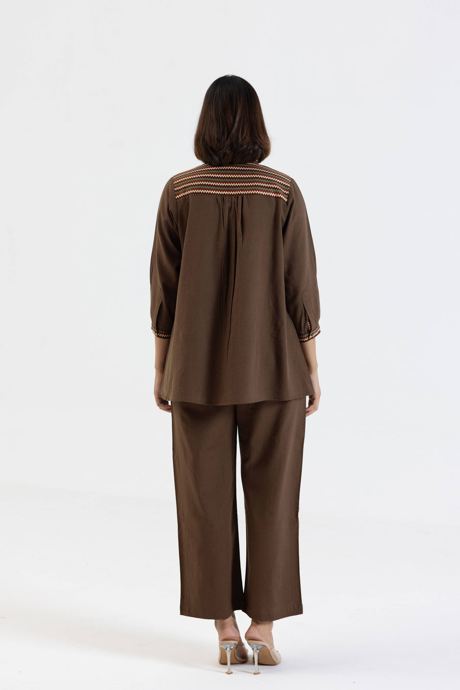 Brown Cotton Flex Co-Ord Set with Printed Trims