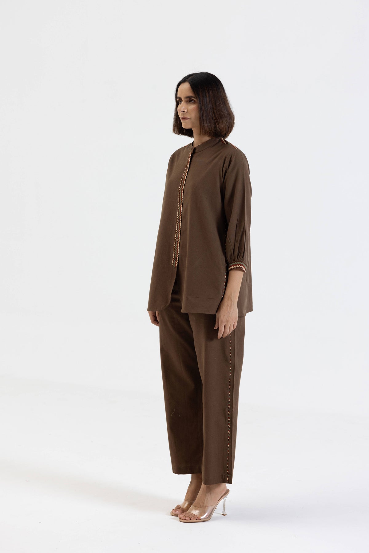 Brown Cotton Flex Co-Ord Set with Printed Trims