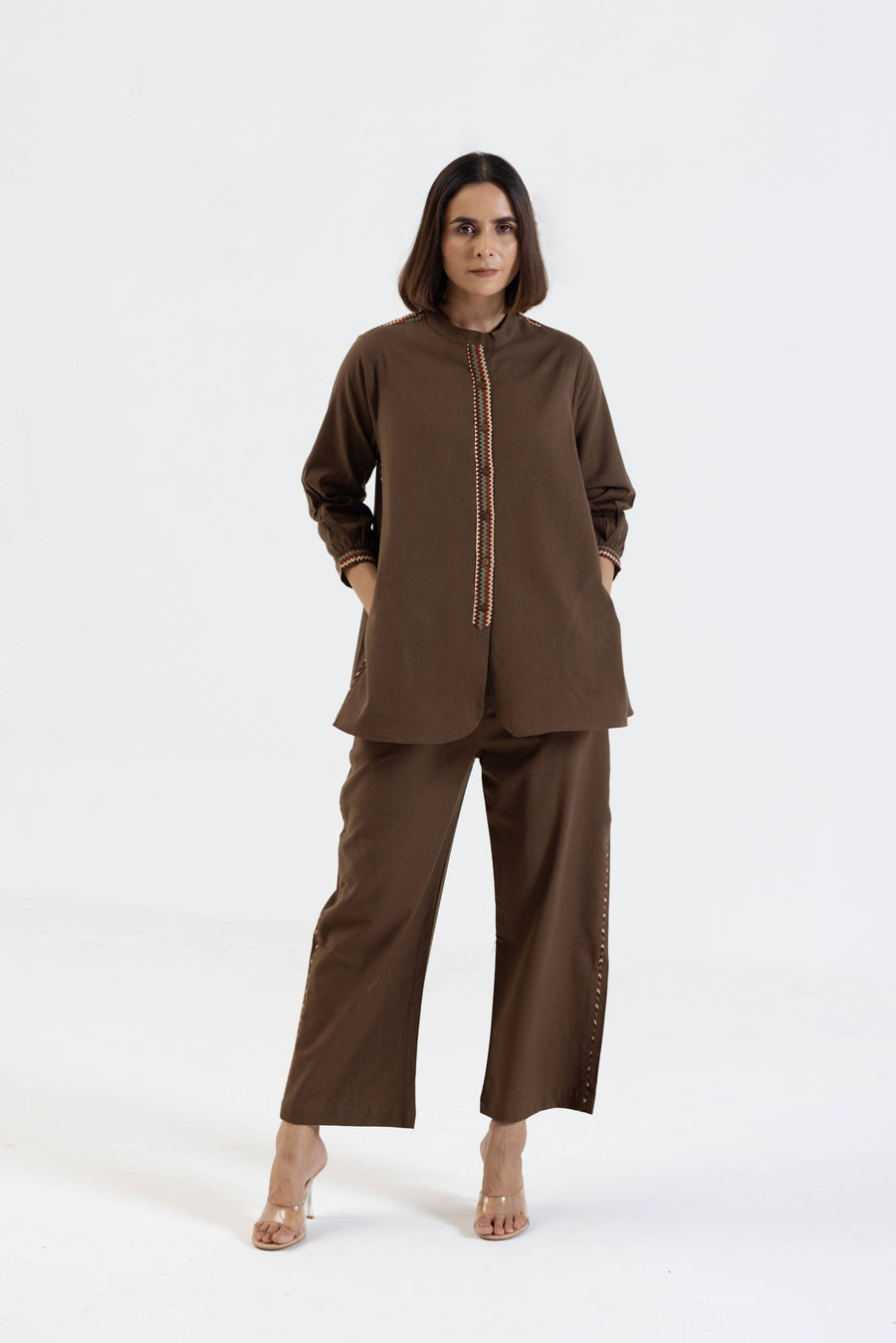 Brown Cotton Flex Co-Ord Set with Printed Trims
