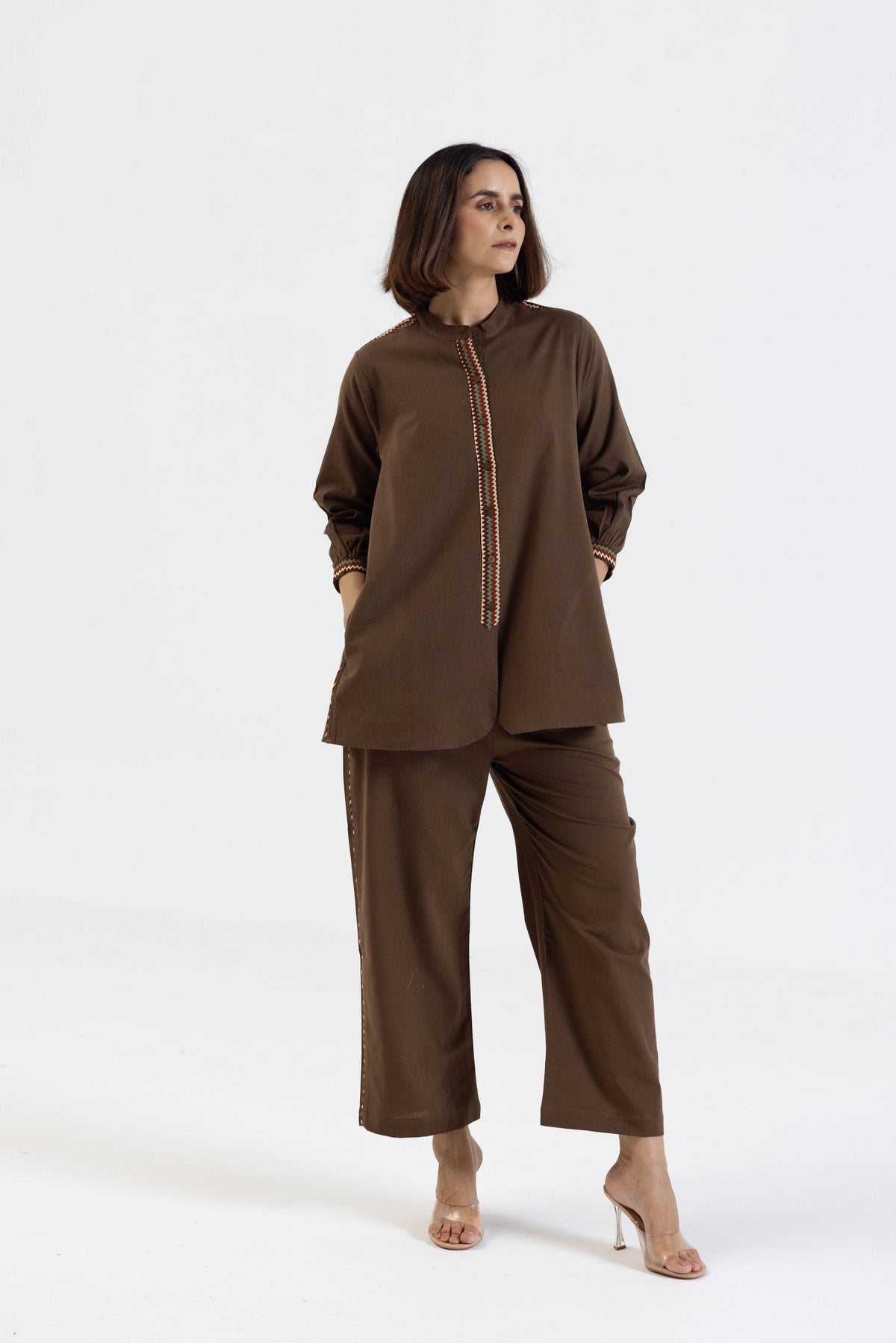 Brown Cotton Flex Co-Ord Set with Printed Trims