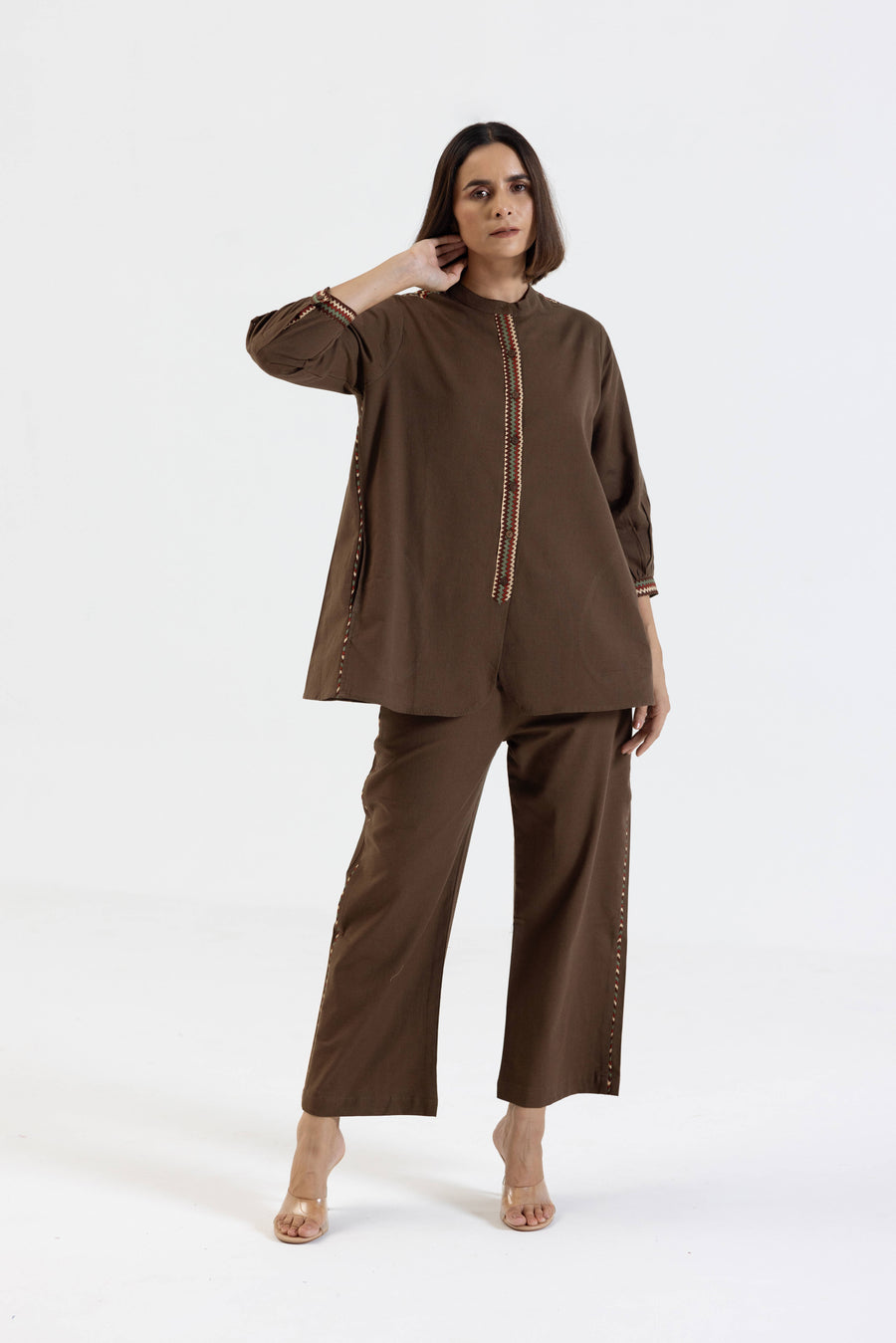 Brown Cotton Flex Co-Ord Set with Printed Trims