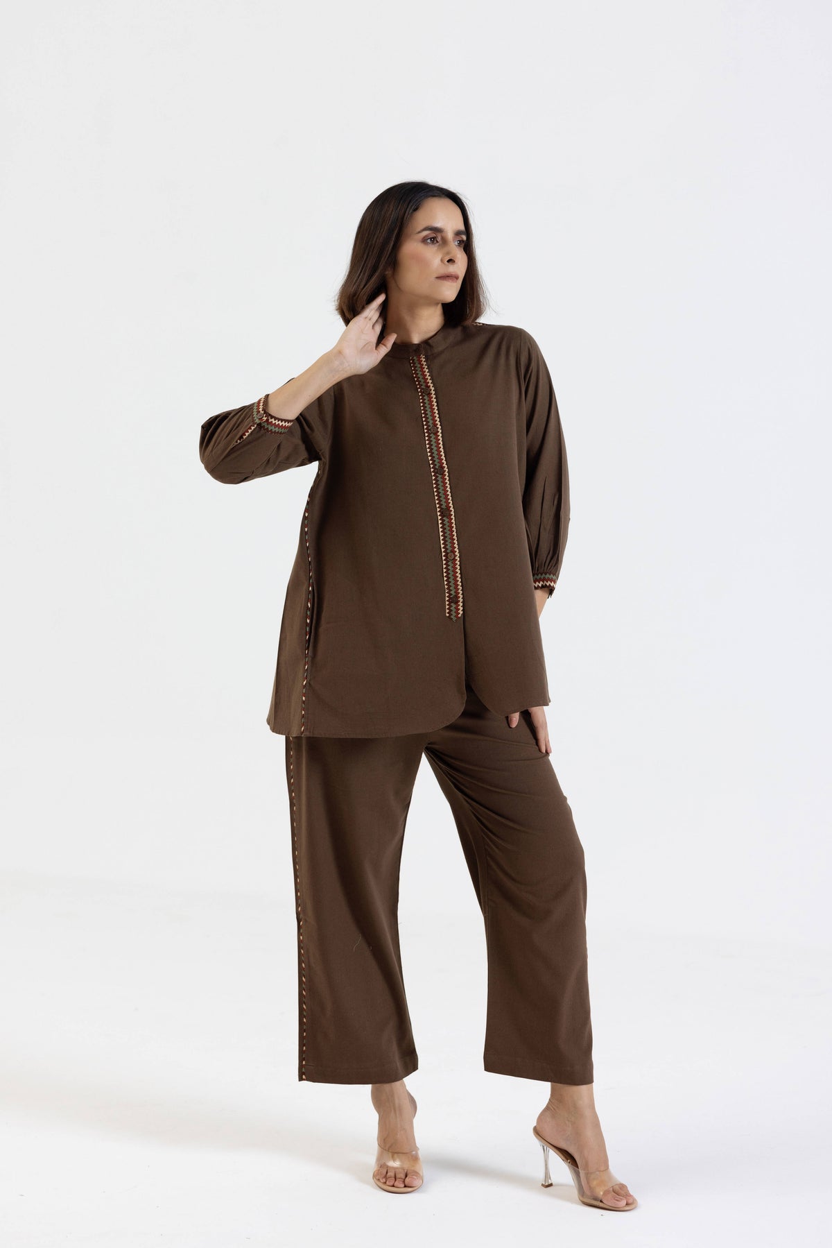 Brown Cotton Flex Co-Ord Set with Printed Trims