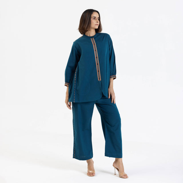 Blue Cotton Flex Co-Ord Set with Printed Trims