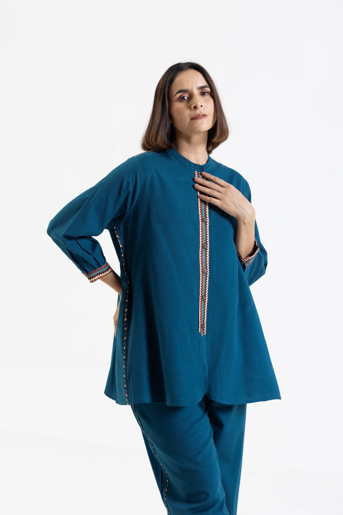 Blue Cotton Flex Co-Ord Set with Printed Trims