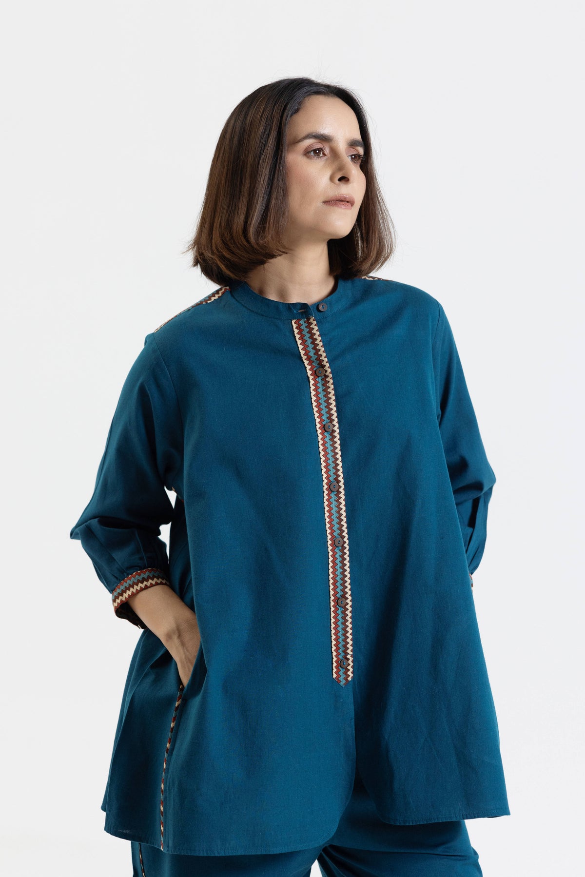 Blue Cotton Flex Co-Ord Set with Printed Trims