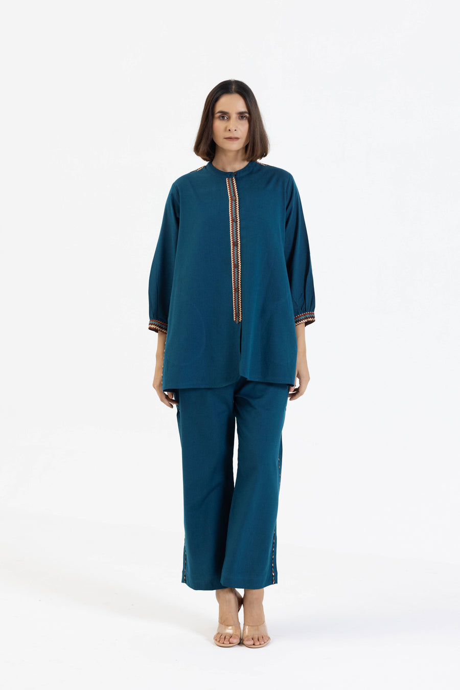 Blue Cotton Flex Co-Ord Set with Printed Trims