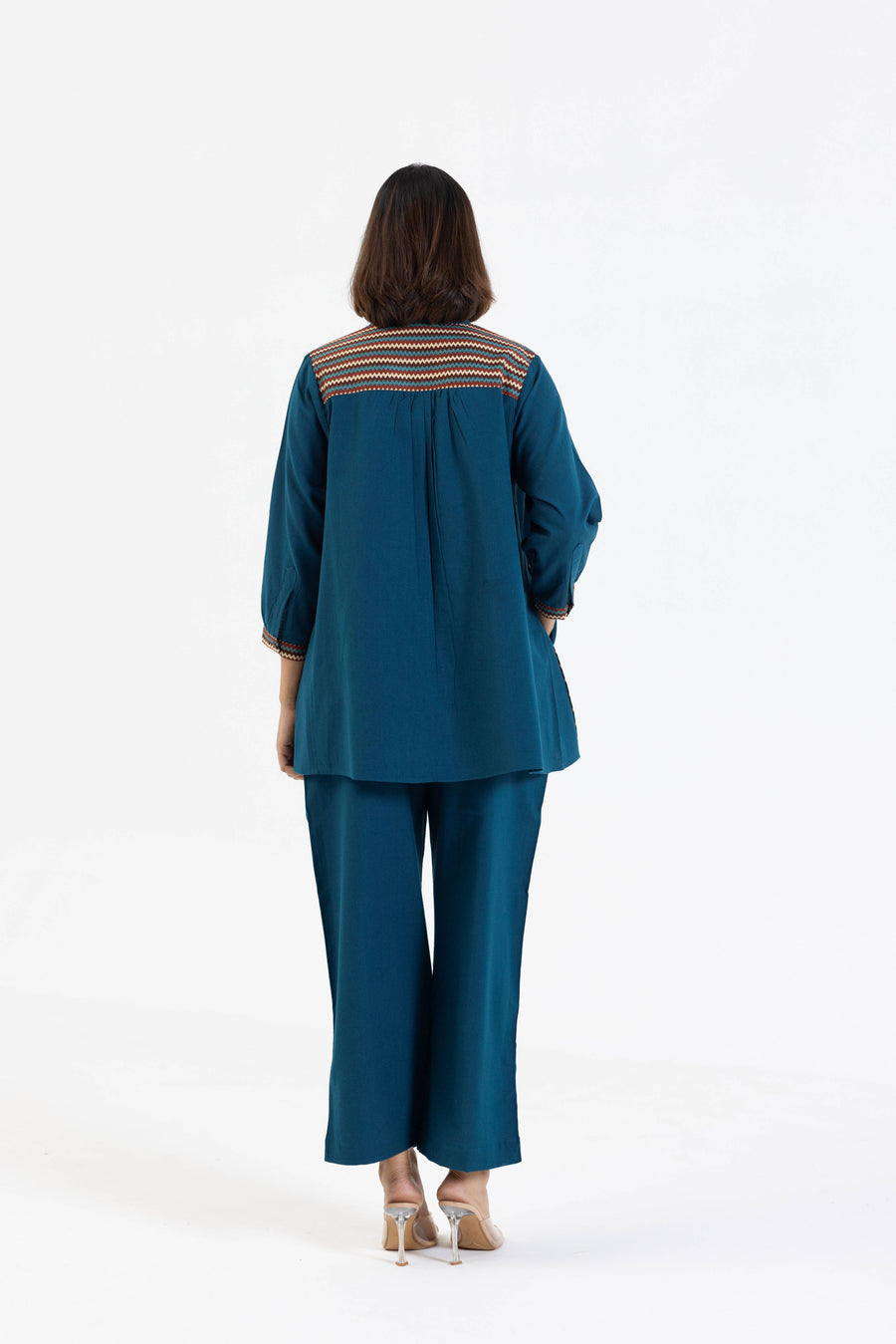 Blue Cotton Flex Co-Ord Set with Printed Trims