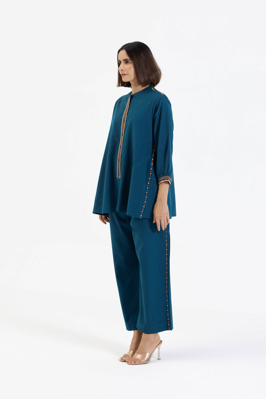 Blue Cotton Flex Co-Ord Set with Printed Trims