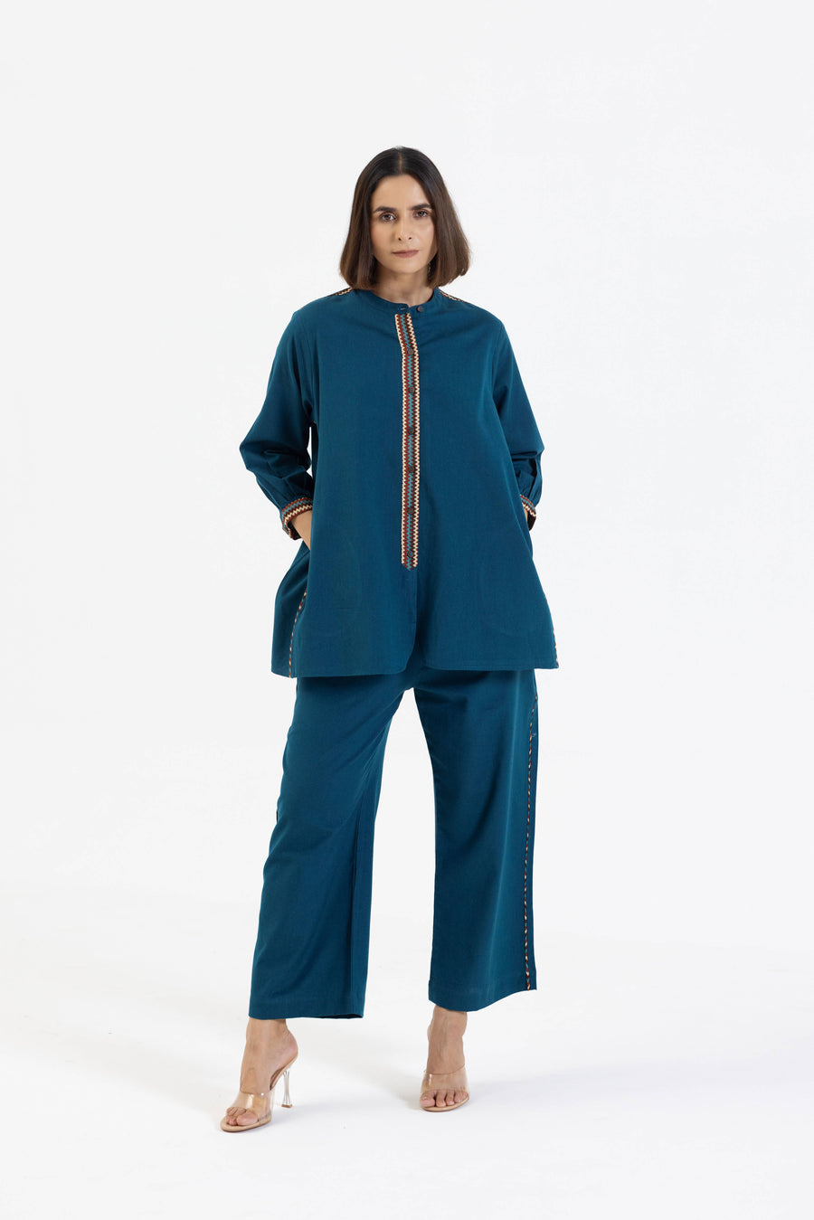 Blue Cotton Flex Co-Ord Set with Printed Trims