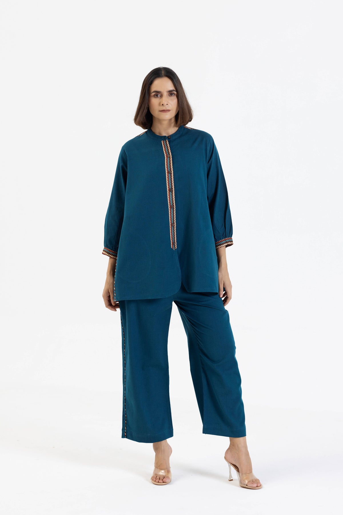 Blue Cotton Flex Co-Ord Set with Printed Trims