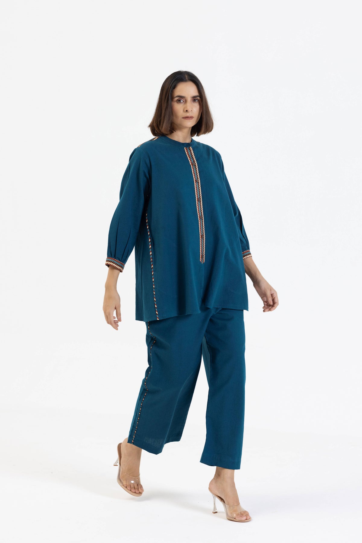 Blue Cotton Flex Co-Ord Set with Printed Trims