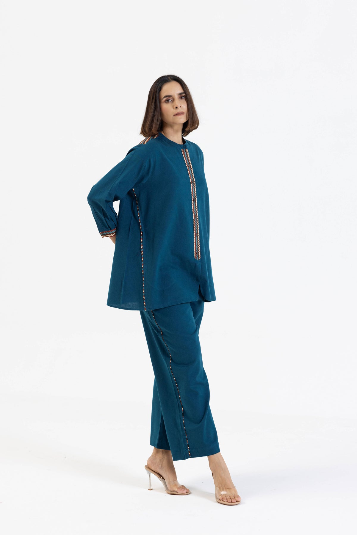 Blue Cotton Flex Co-Ord Set with Printed Trims