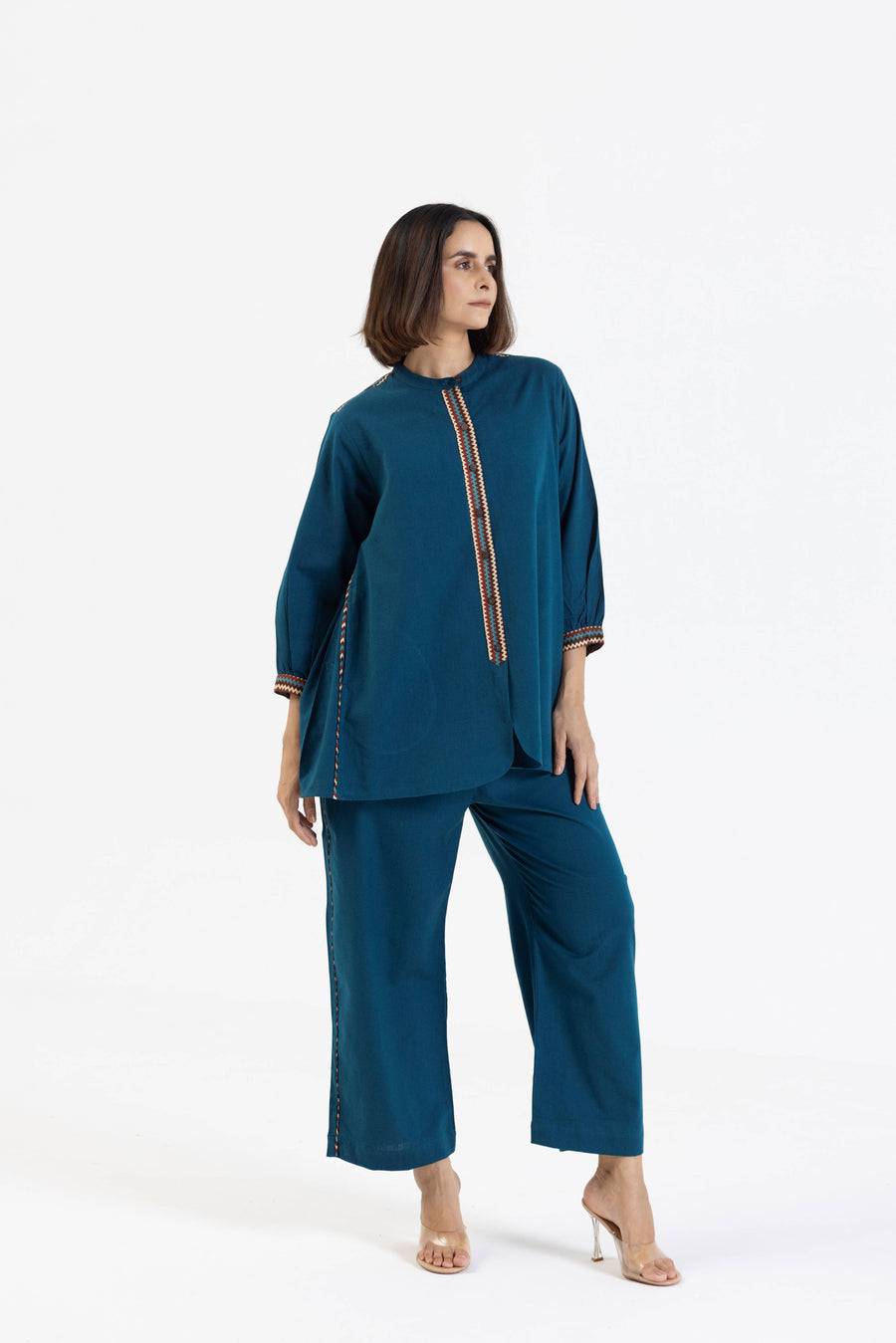 Blue Cotton Flex Co-Ord Set with Printed Trims