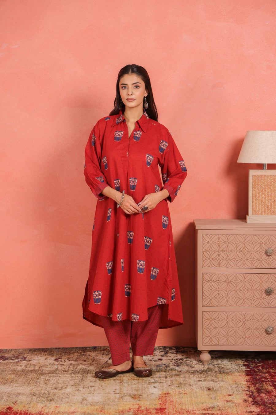 Brick Red Cotton Slub Asymmetric Kurta with Afghani Salwar