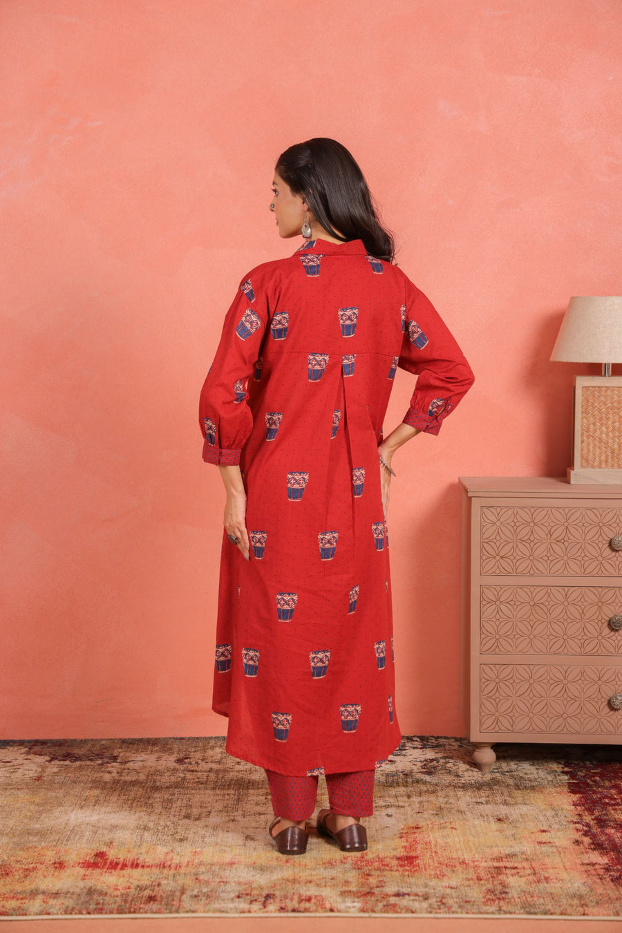 Brick Red Cotton Slub Asymmetric Kurta with Afghani Salwar