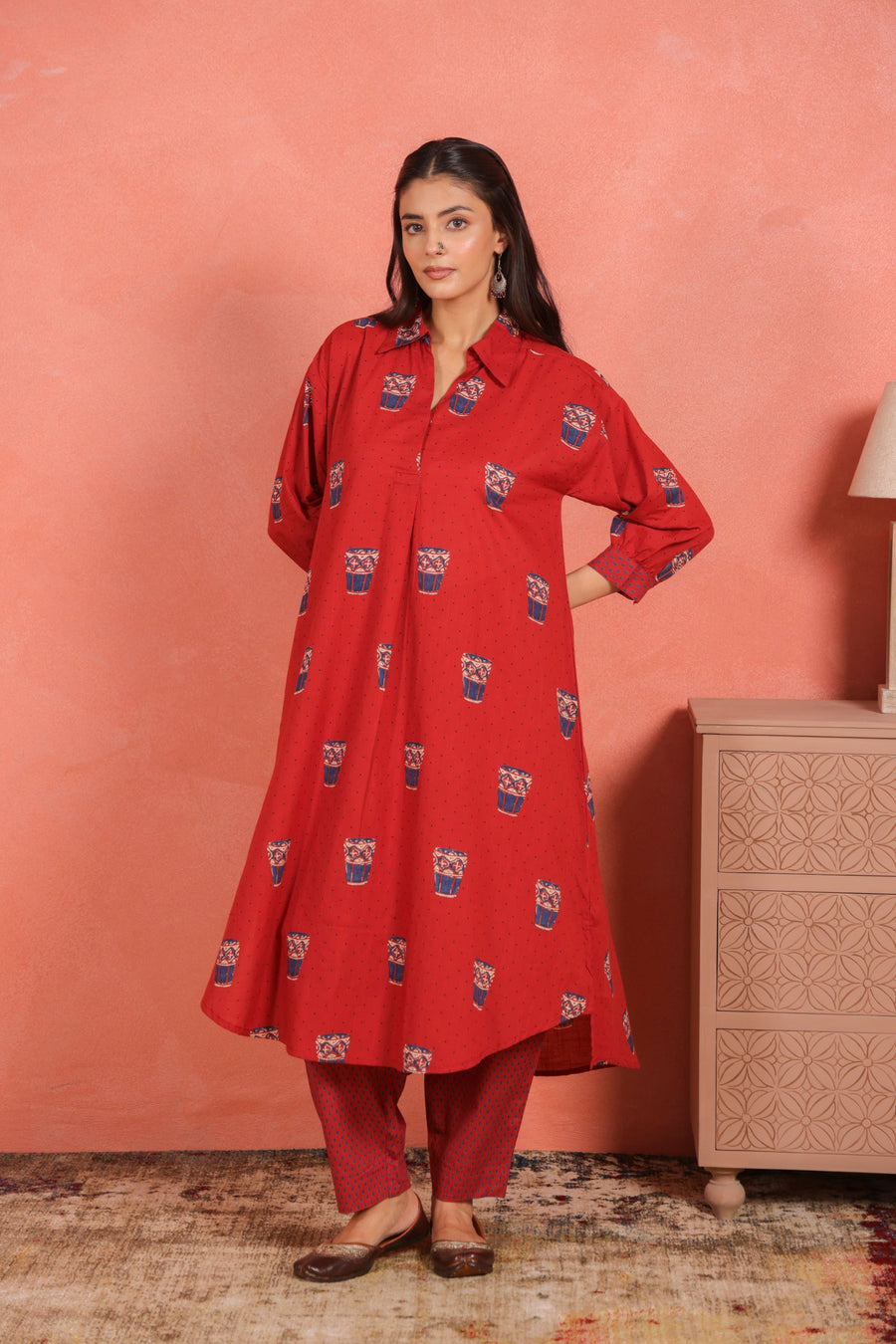 Brick Red Cotton Slub Asymmetric Kurta with Afghani Salwar