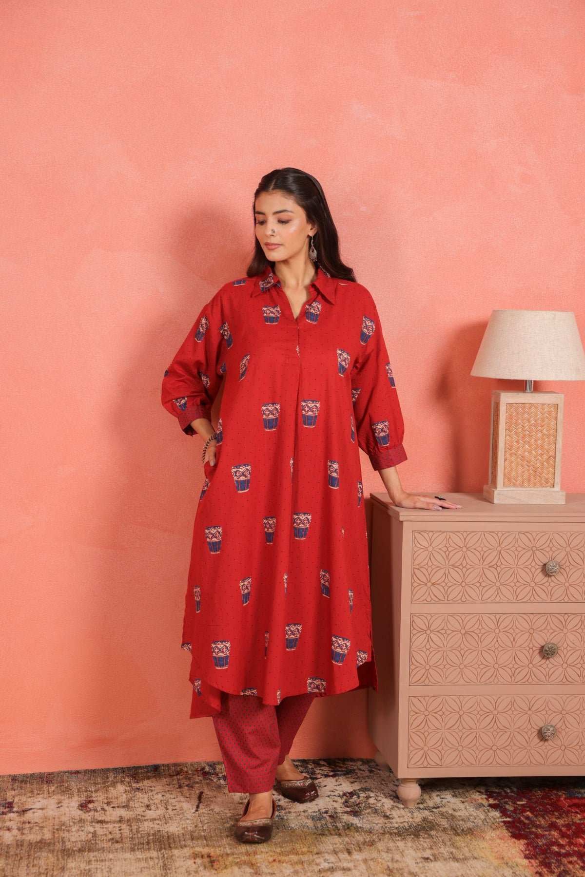Brick Red Cotton Slub Asymmetric Kurta with Afghani Salwar