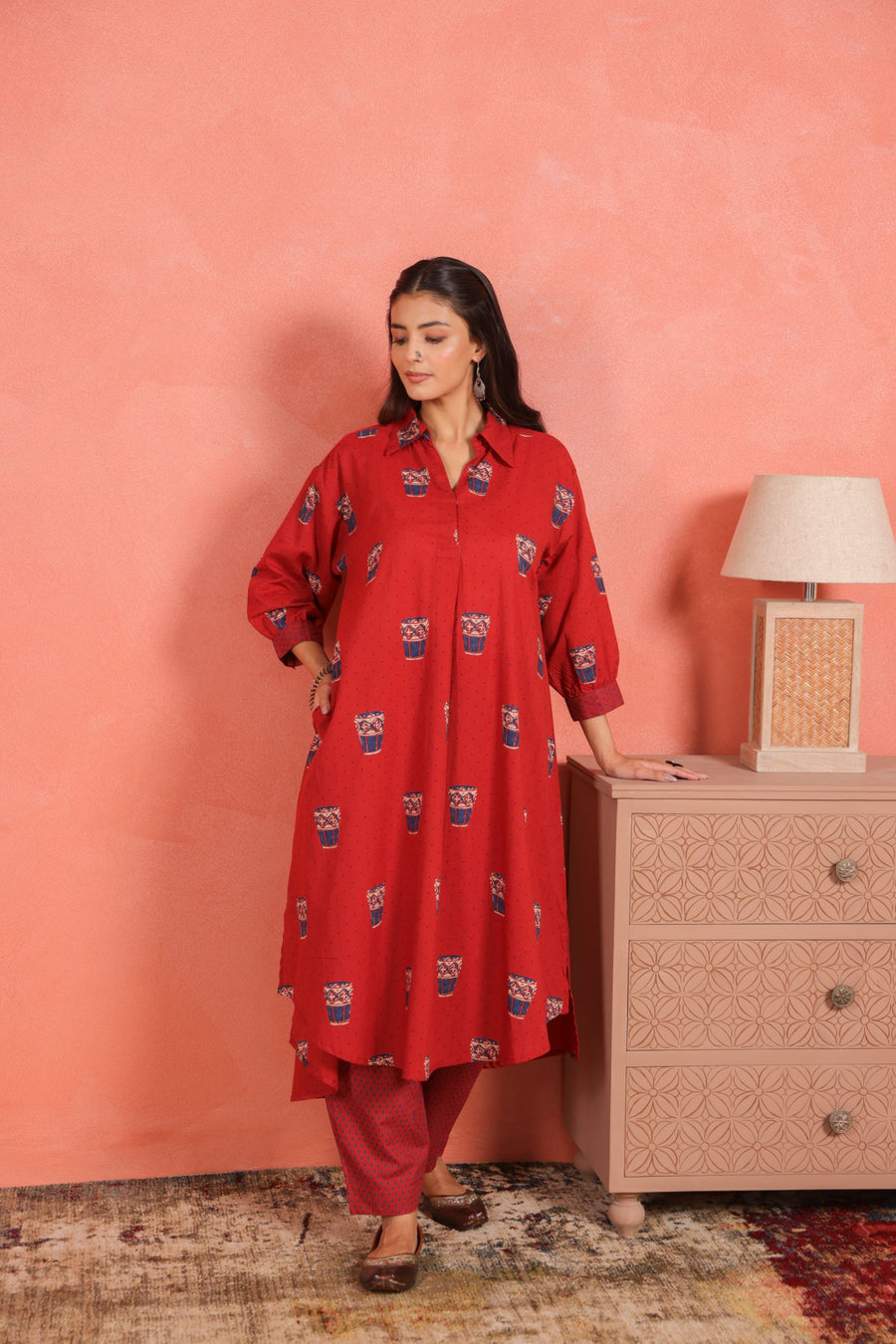 Brick Red Cotton Slub Asymmetric Kurta with Afghani Salwar