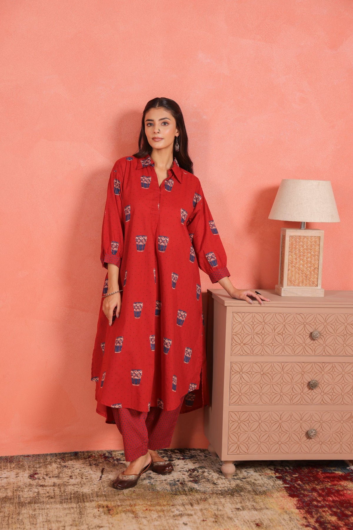 Brick Red Cotton Slub Asymmetric Kurta with Afghani Salwar