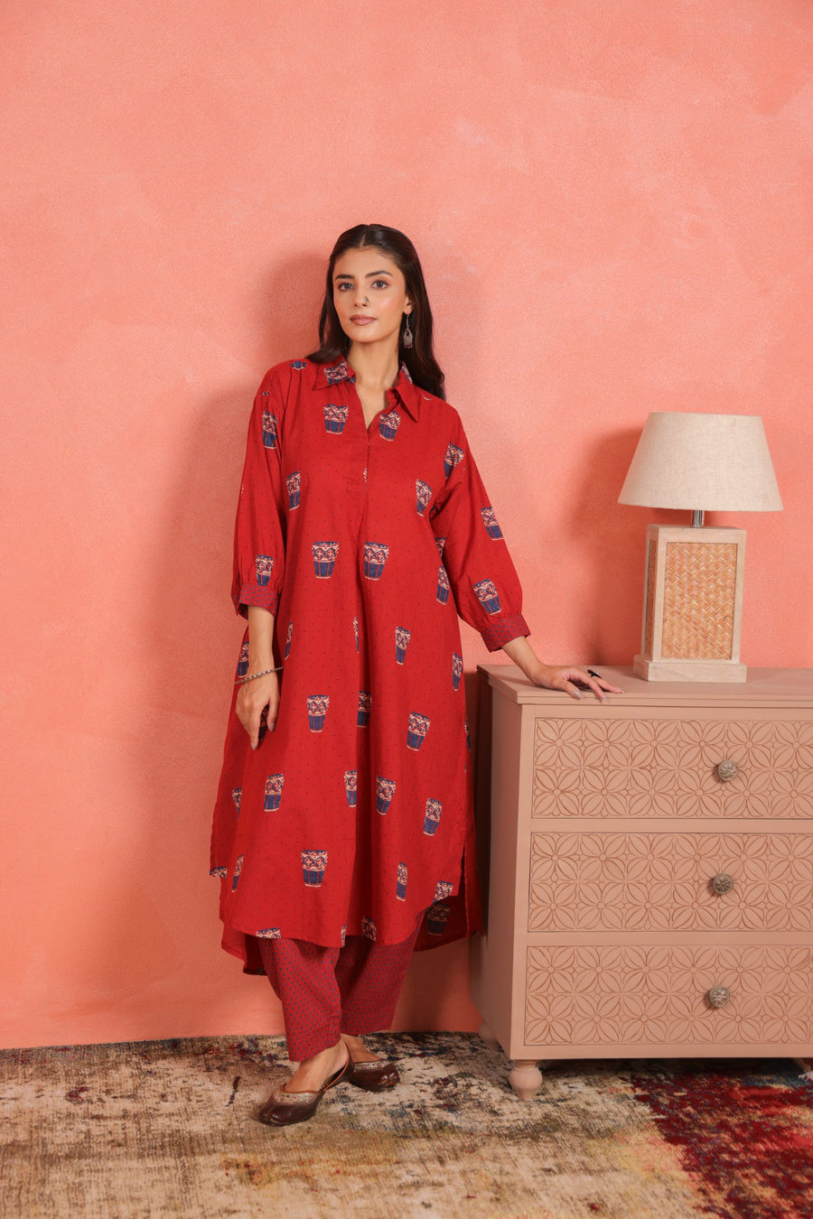 Brick Red Cotton Slub Asymmetric Kurta with Afghani Salwar