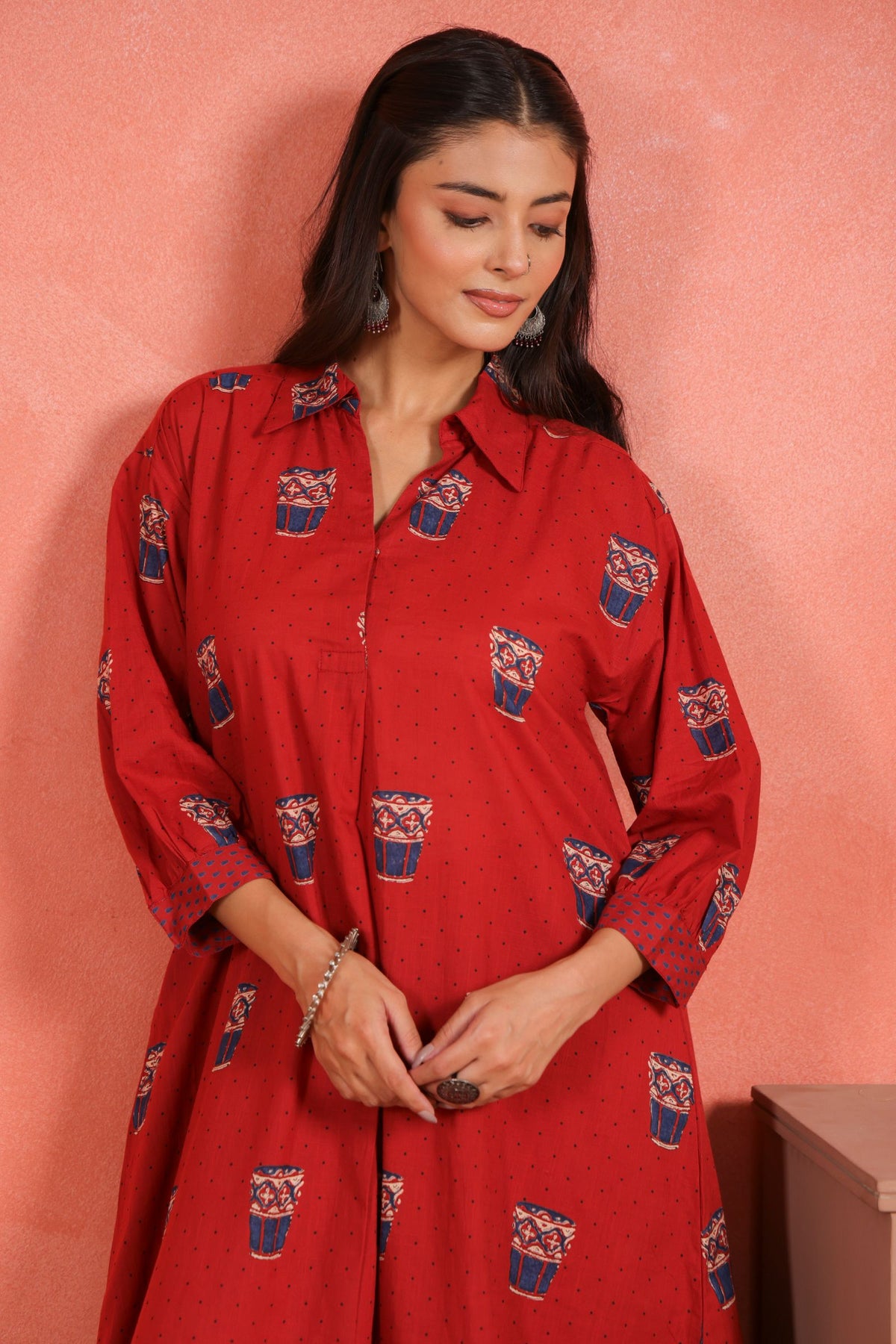 Brick Red Cotton Slub Asymmetric Kurta with Afghani Salwar