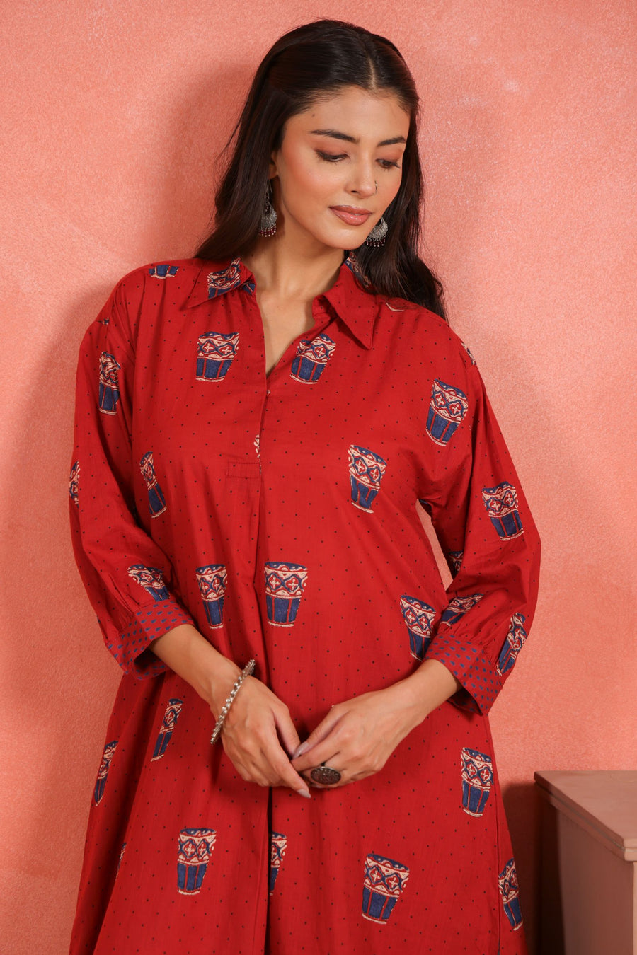 Brick Red Cotton Slub Asymmetric Kurta with Afghani Salwar