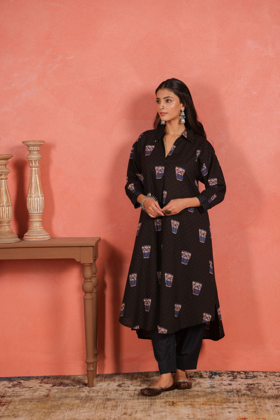 Black Cotton Slub Asymmetric Kurta with Afghani Salwar