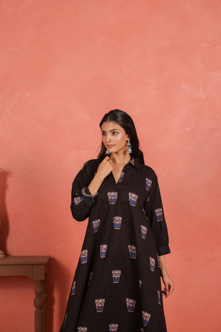 Black Cotton Slub Asymmetric Kurta with Afghani Salwar