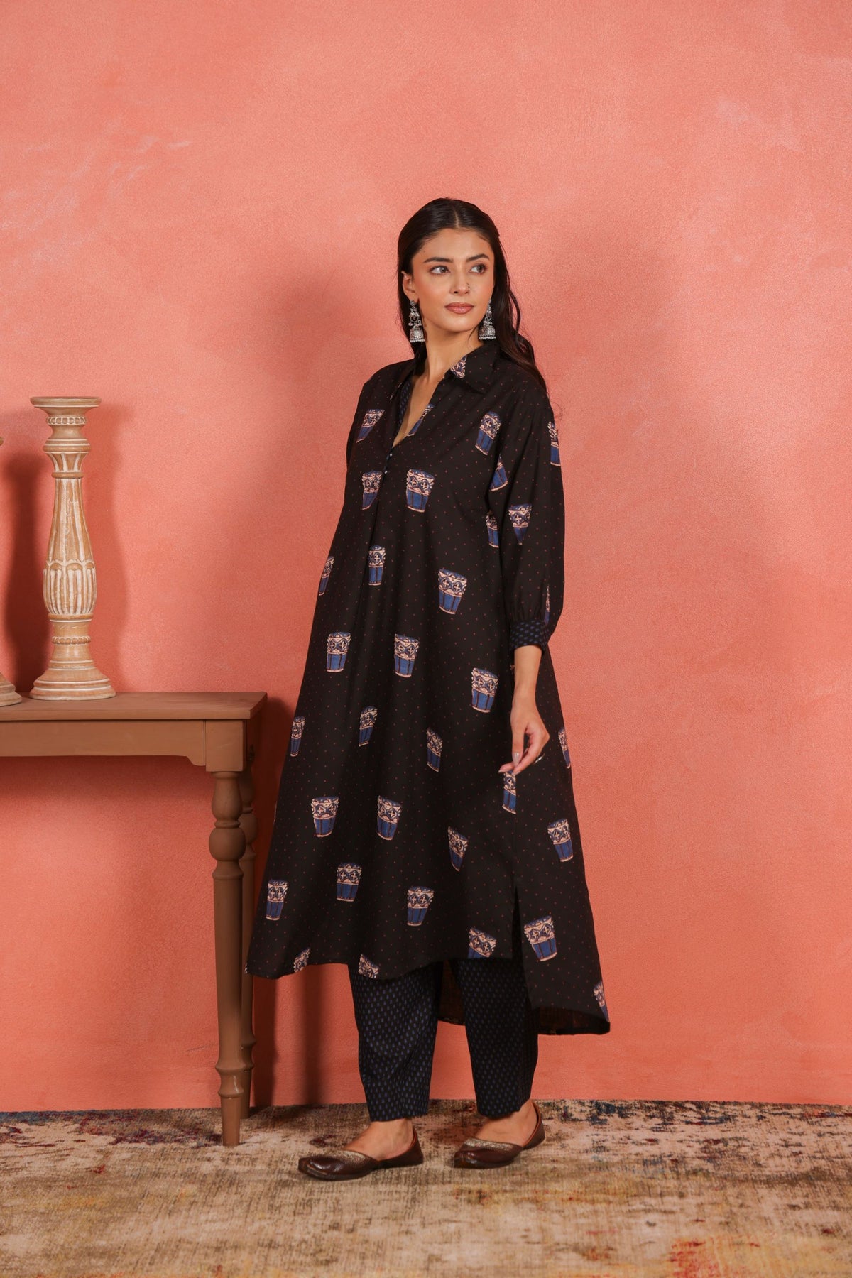 Black Cotton Slub Asymmetric Kurta with Afghani Salwar
