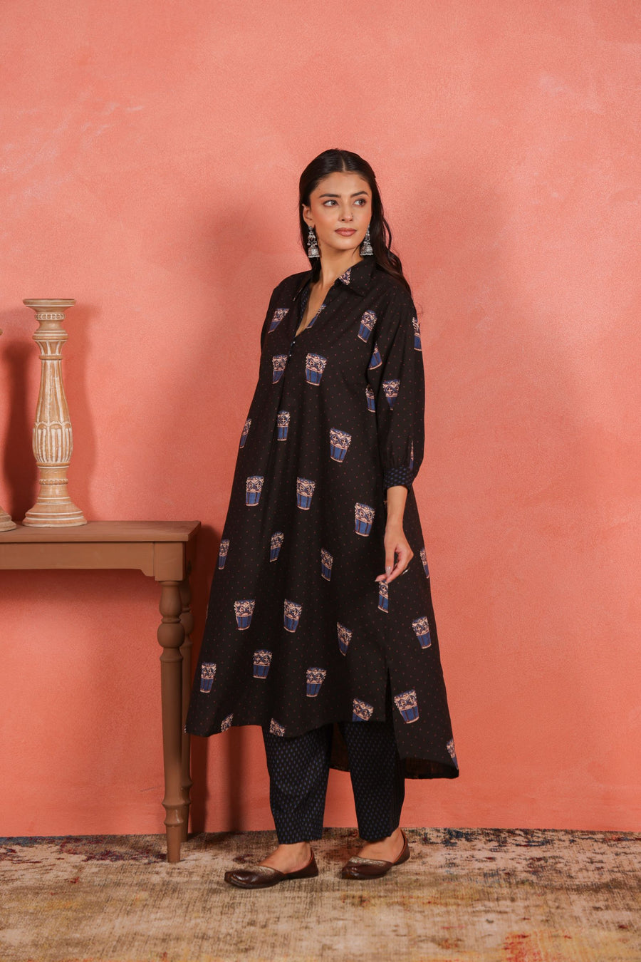 Black Cotton Slub Asymmetric Kurta with Afghani Salwar
