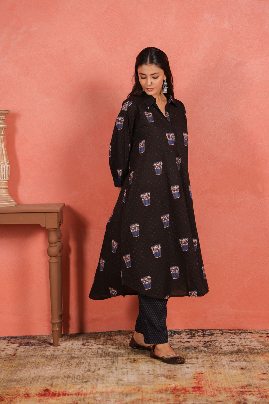 Black Cotton Slub Asymmetric Kurta with Afghani Salwar